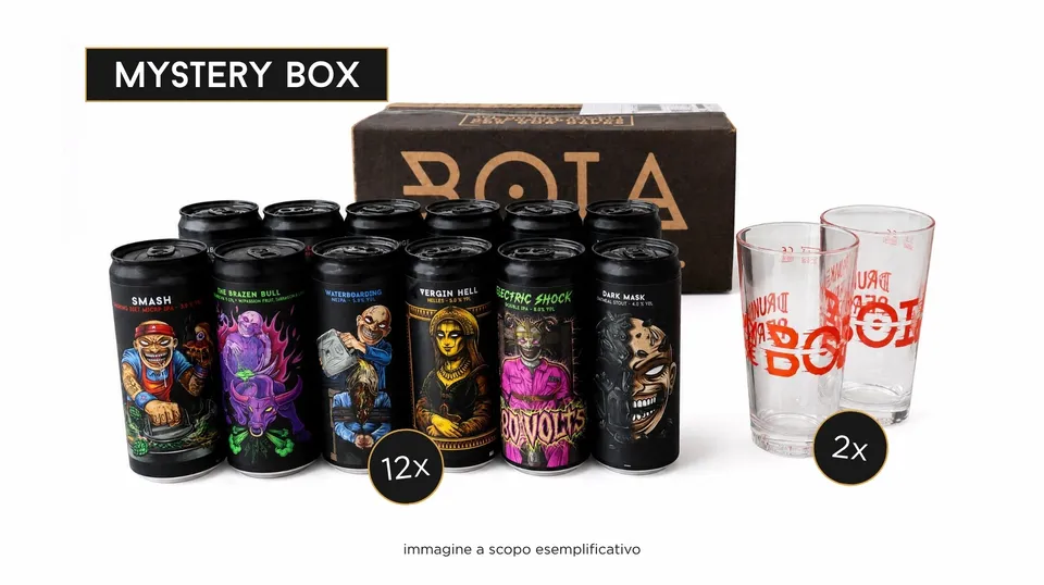 Boia Mystery Box 12 lattine birra + 2 bicchieri